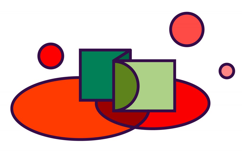 Abstract red circles and green squares on white background