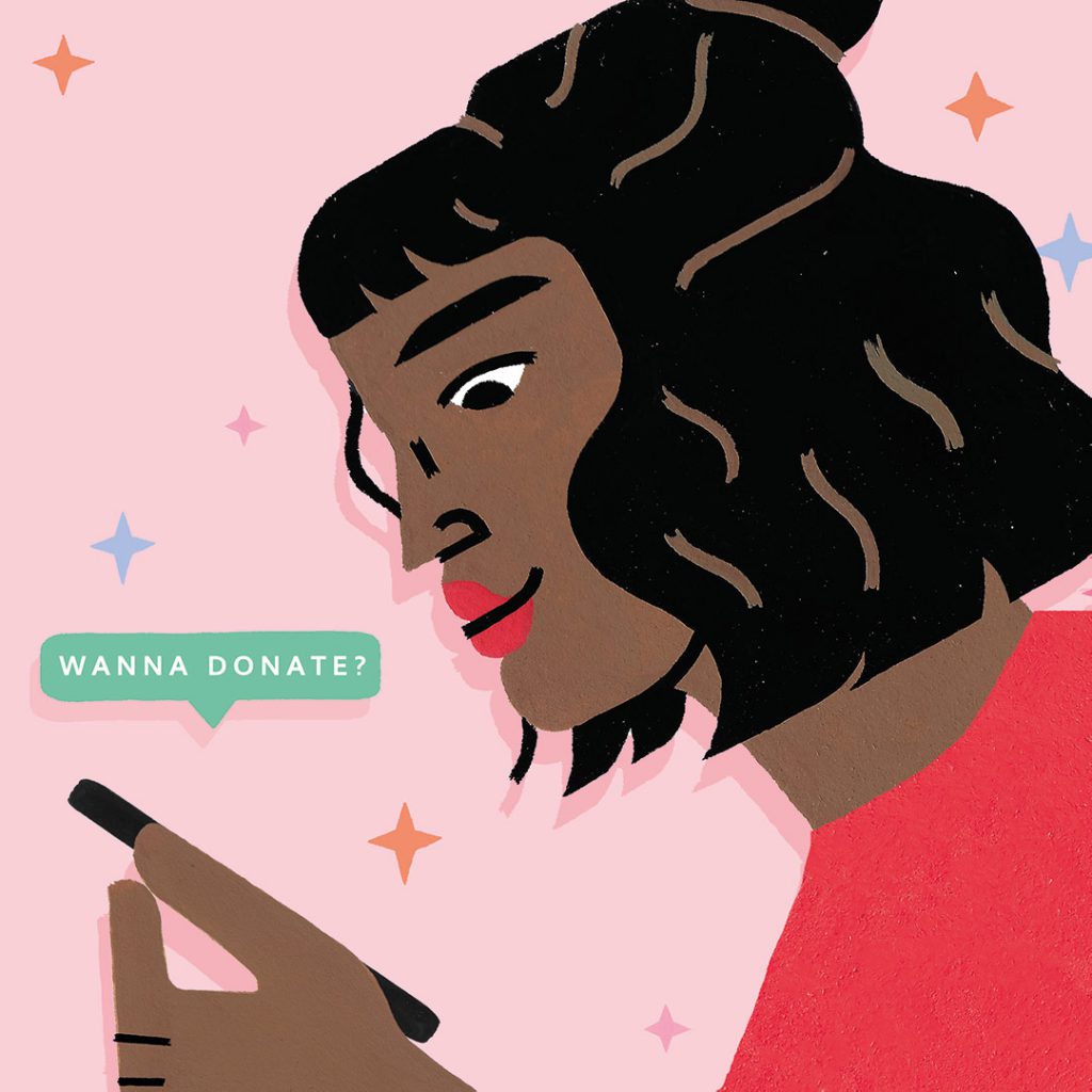 Dark-skinned cartoon female holding cellphone. The phone is saying, "wanna donate?" Art by Sophie Cunningham