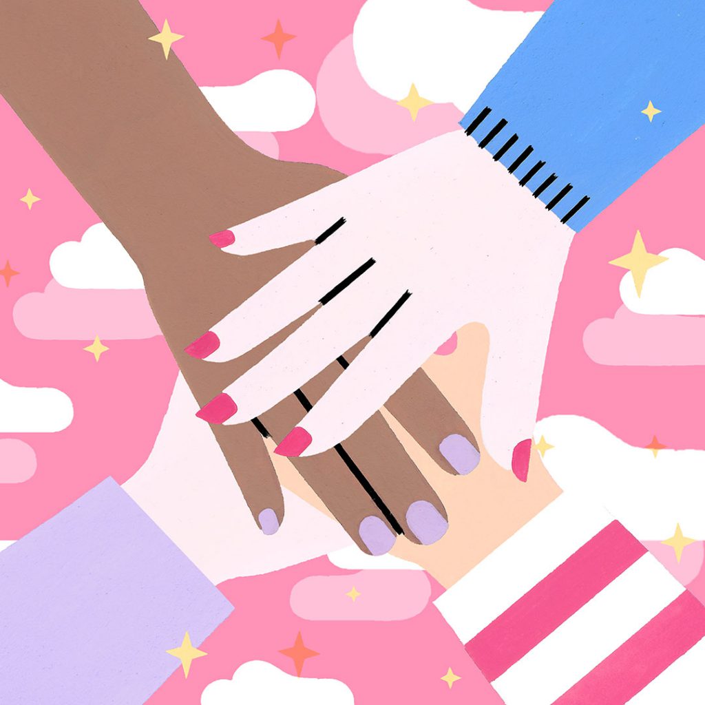 Illustrated hands on top of each other in a circle.