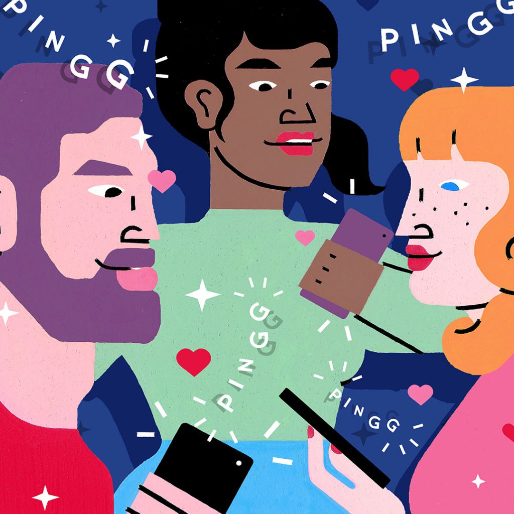 Illustrated group of people (two woman and one man) holding their mobile devices. Art by Sophie Cunningham