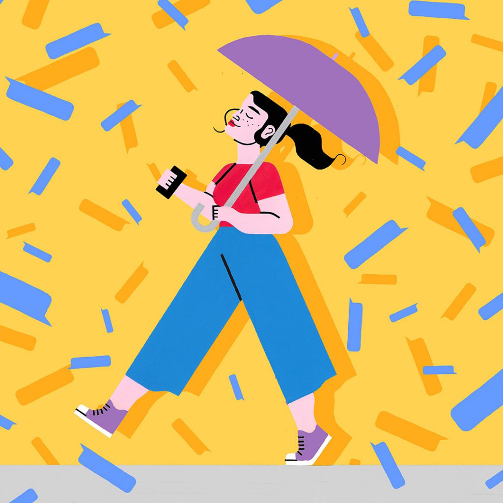 Illustrated woman holding an umbrella with message bubble rain falling down. Art by Sophie Cunningham.