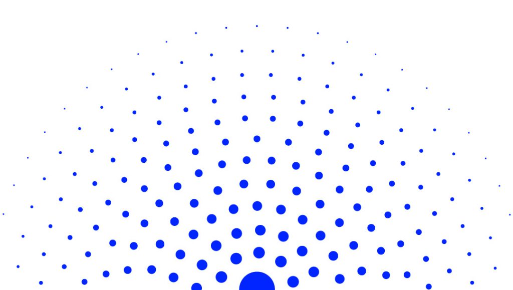A half-circle made of concentric blue dots on a white background