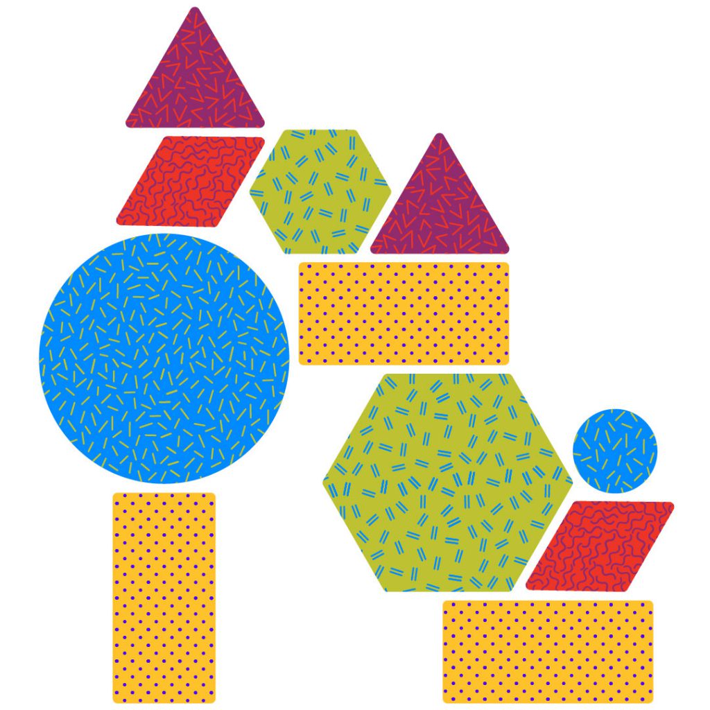 Colorfully-patterned shaped balanced precariously on top of one another.