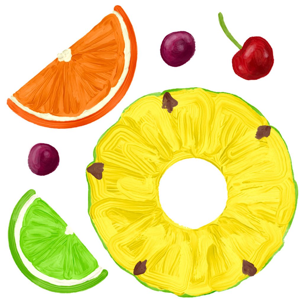 Hand-painted, colorful pieces of fruit floating on a white background.