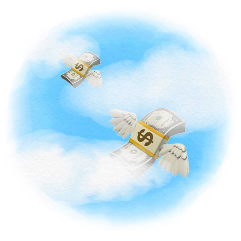 Stacks of money with wings attached flying in the sky through the clouds.