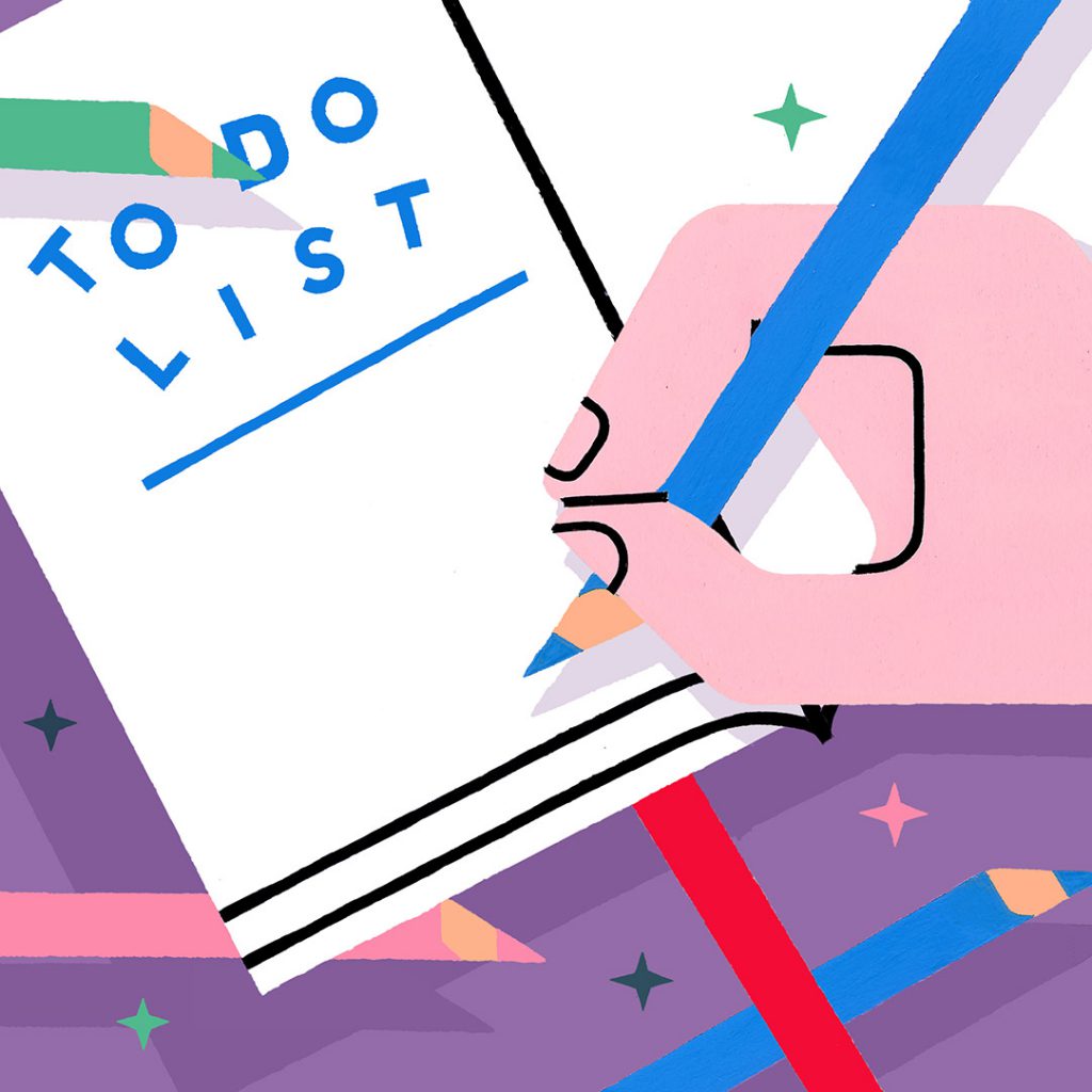 Illustrated hand writing out to-do list. Art by Sophie Cunningham