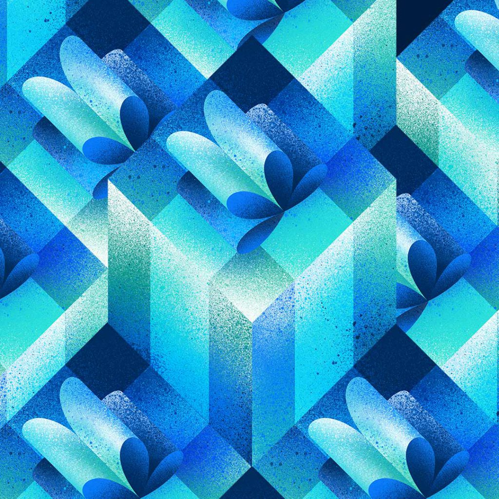Illustrated gift boxes in shades of blue on a black background