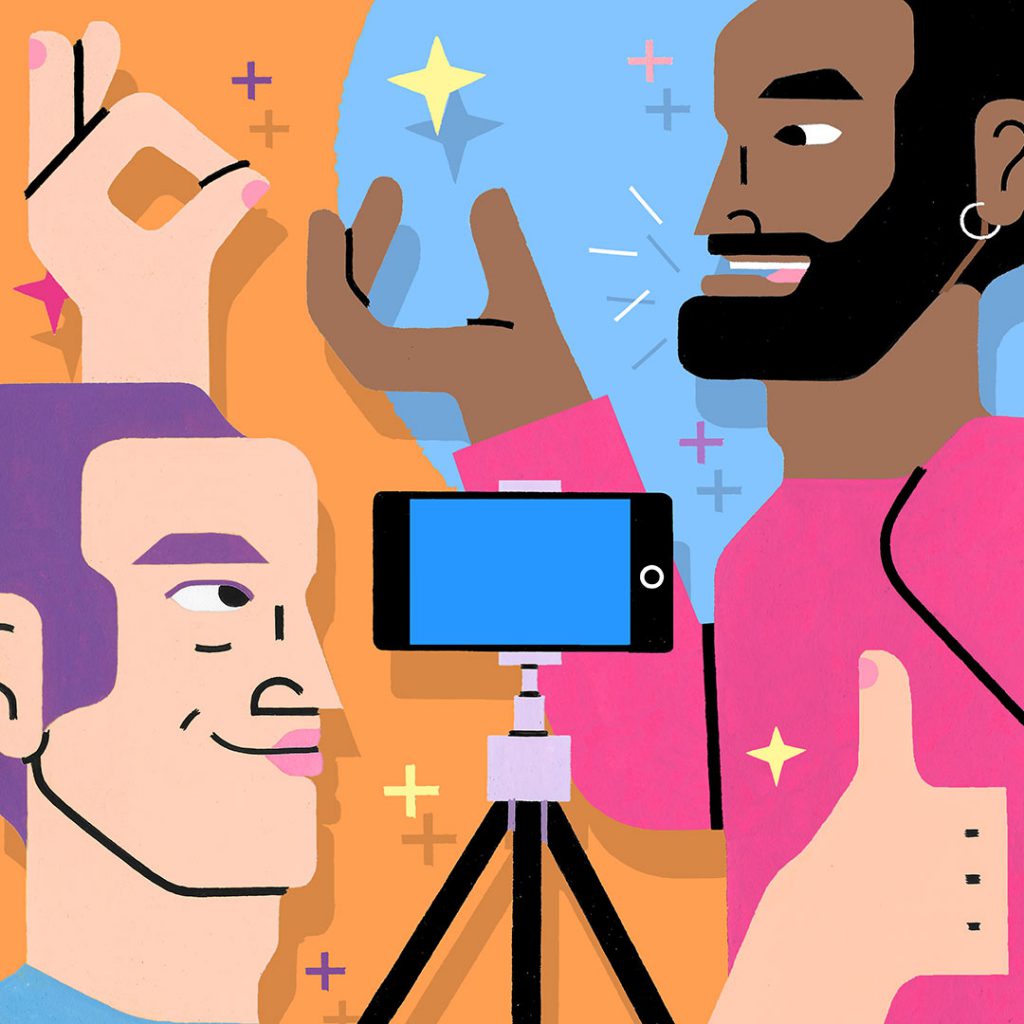 Two illustrated men recording a video with their smartphone. Art by Sophie Cunningham.