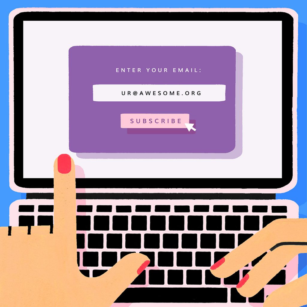 Illustration of a website sign-up pop up on a laptop screen. Art by Sophie Cunningham.