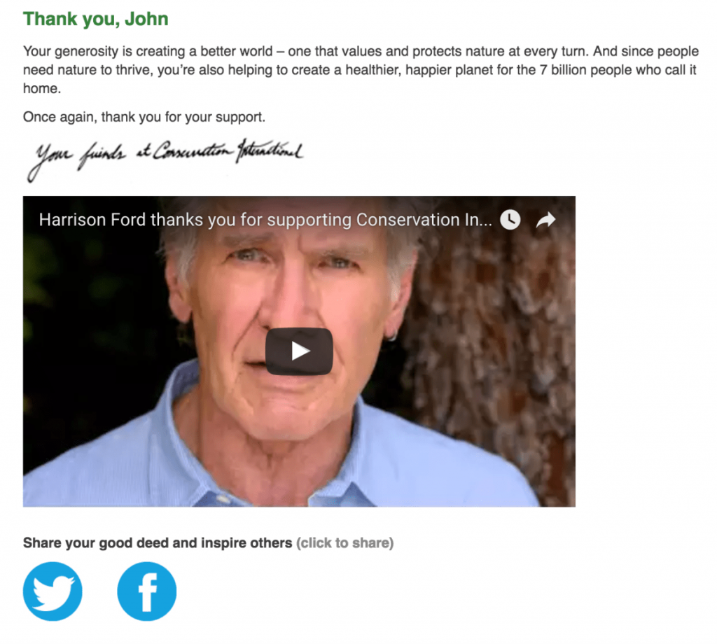 Screenshot of Conservation International thank you page featuring Harrison Ford.