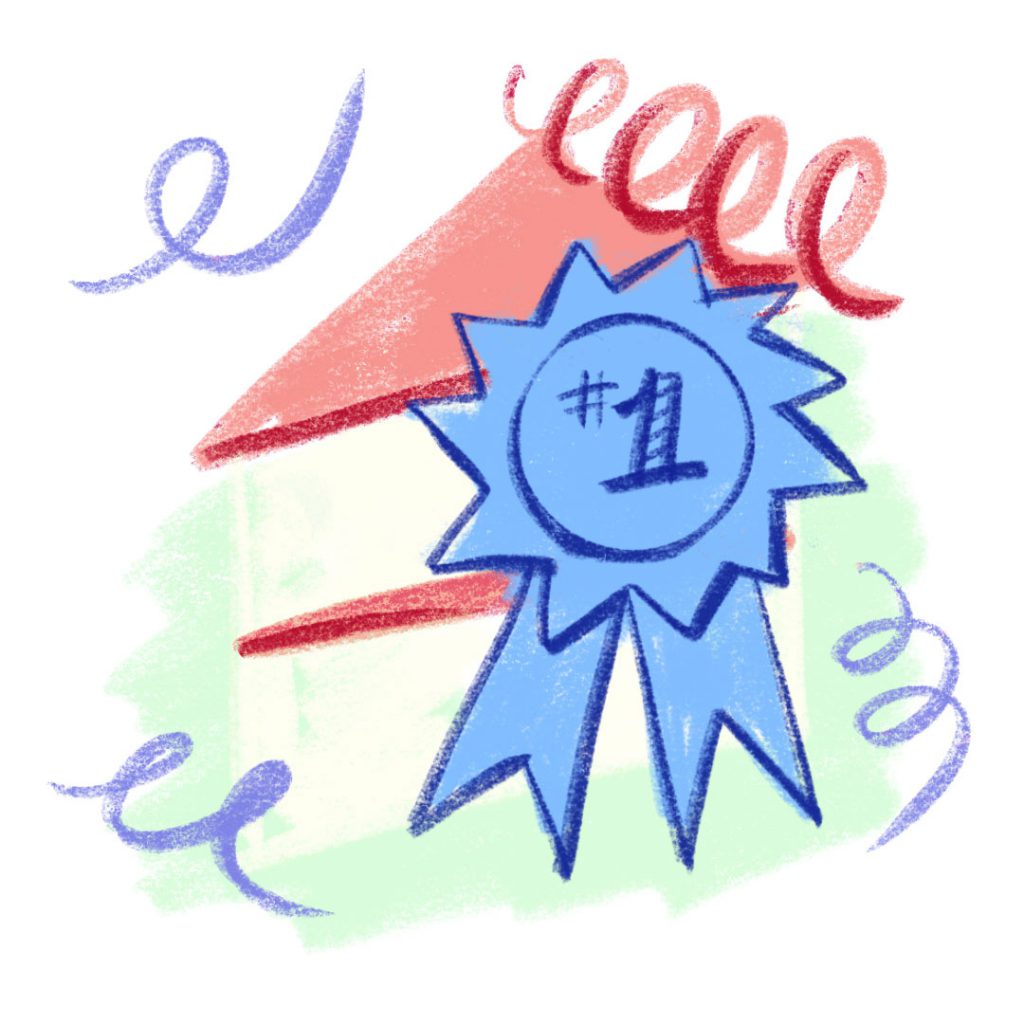Illustration of cake with a prize-winning ribbon on it.
