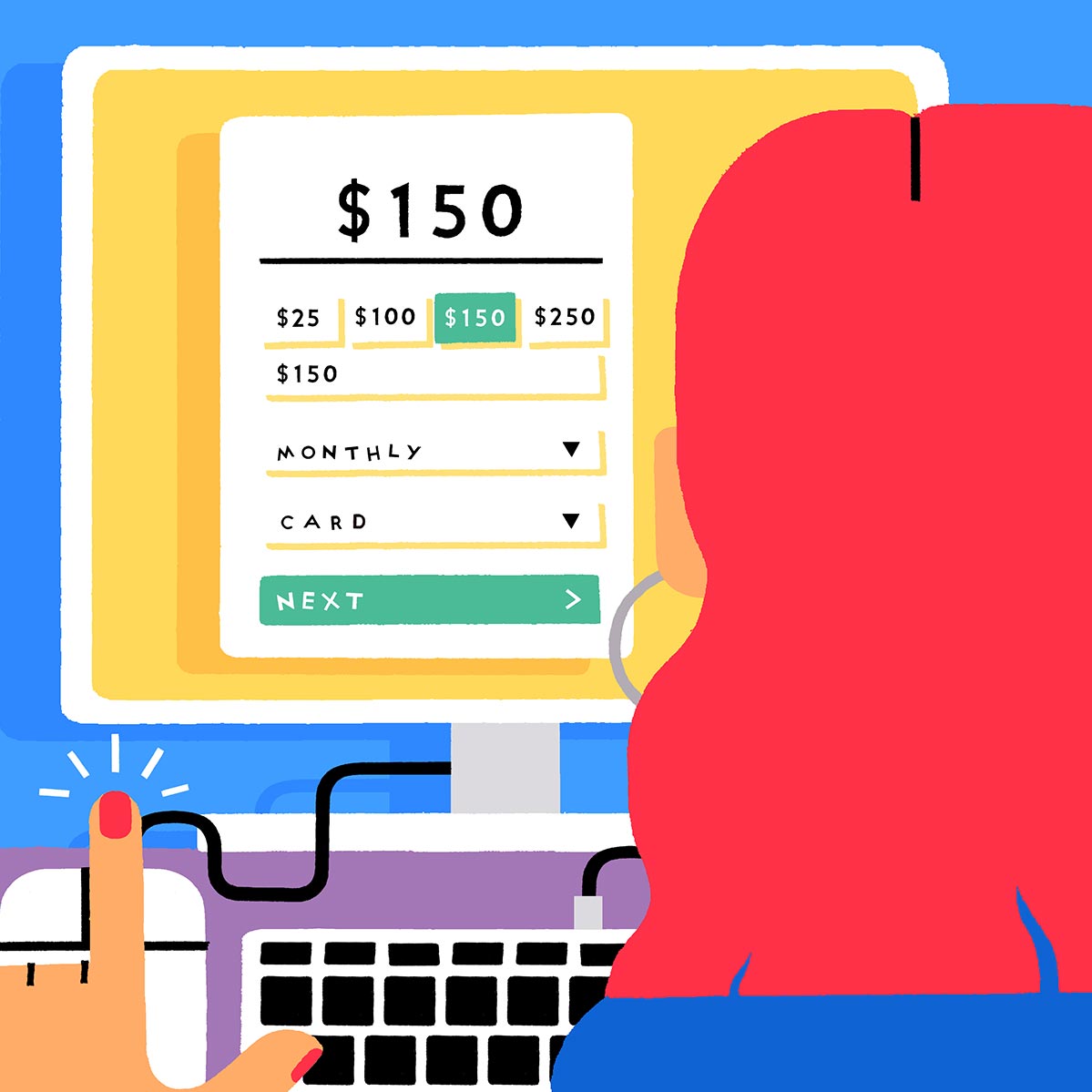 A hand-illustrated image of a computer screen and the back of a person's head. The head has long red hair and there's a hand clicking a mouse in the bottom left of the image. Central to the image is the computer screen, which is showing an online monthly donation form. Art by Sophie Cunningham