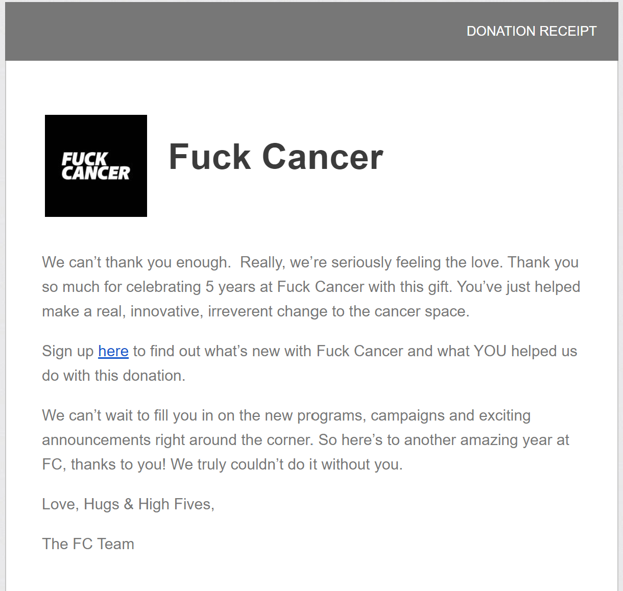 screenshot of a donation confirmation email from Fuck Cancer