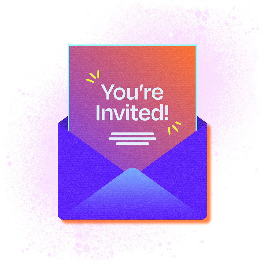 An envelope unfolds with a note that says 'You're Invited!'