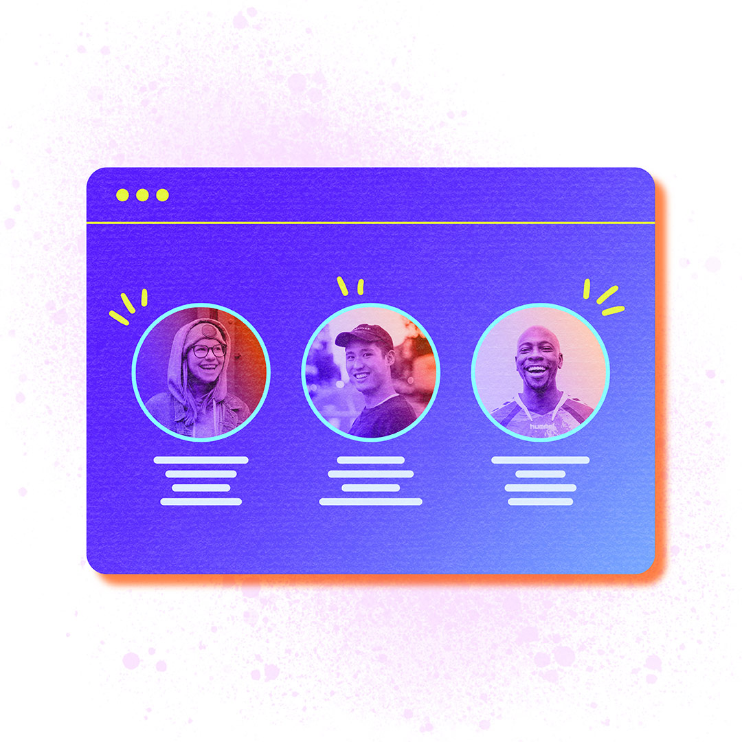 Three donors profile pictures float in a web browser window as if inside a CRM.>