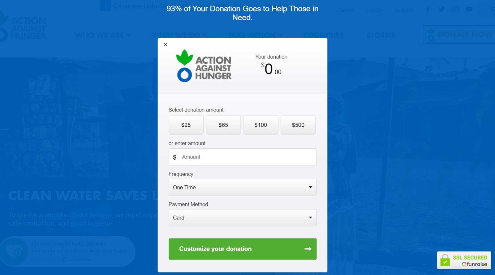 Action Against Hunger's donation form on a blue background.