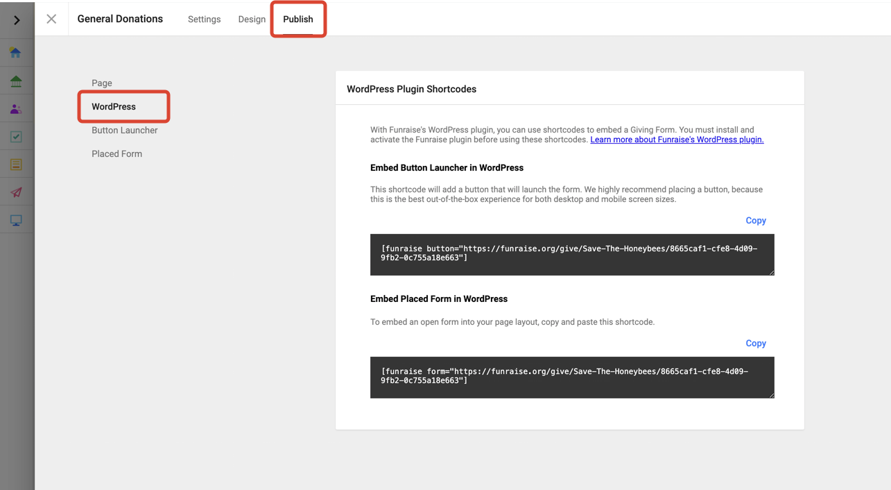 Screenshot of Funraise's platform with WordPress plugin shortcodes.