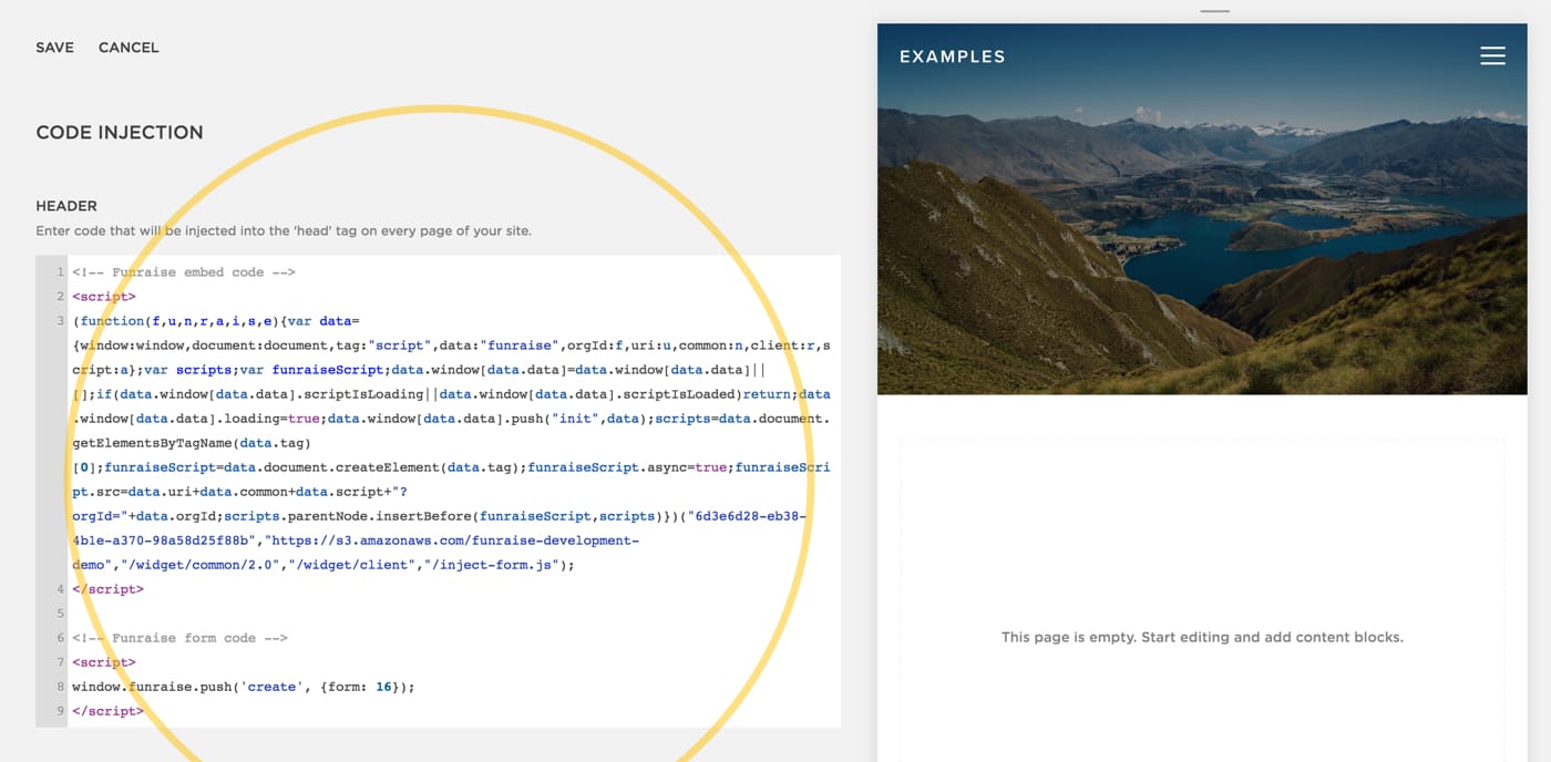 Screenshot of Squarespace's Code Injection field.