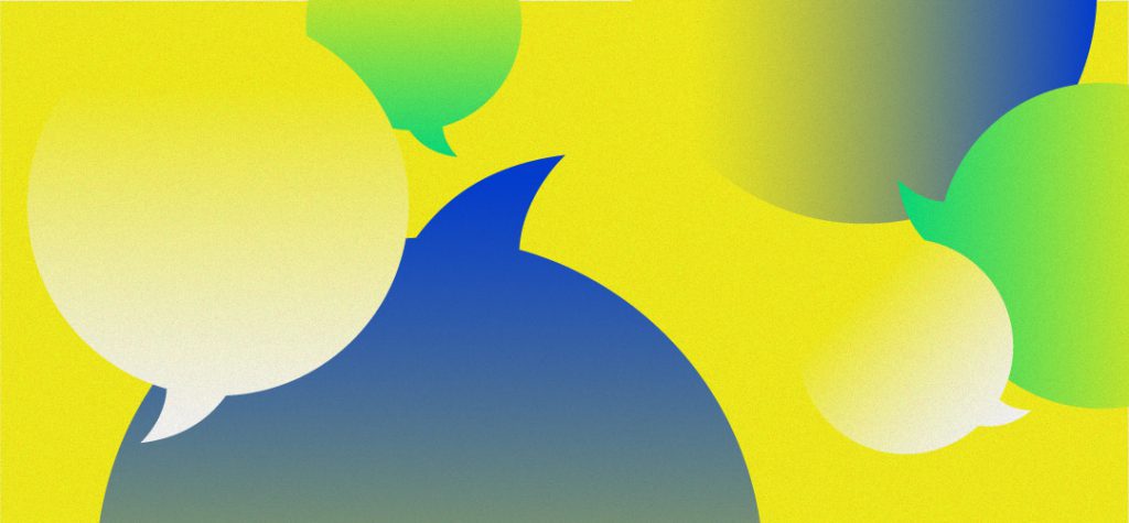 Yellow, green, and blue chat bubbles float on top of a spray-painted yellow background