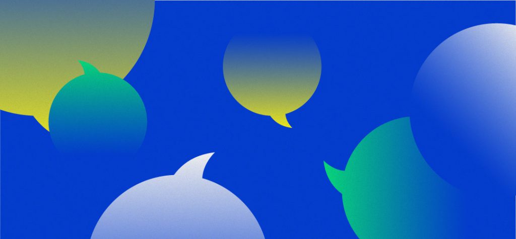 Yellow, blue, and green chat bubbles float on top of a spray-painted blue background
