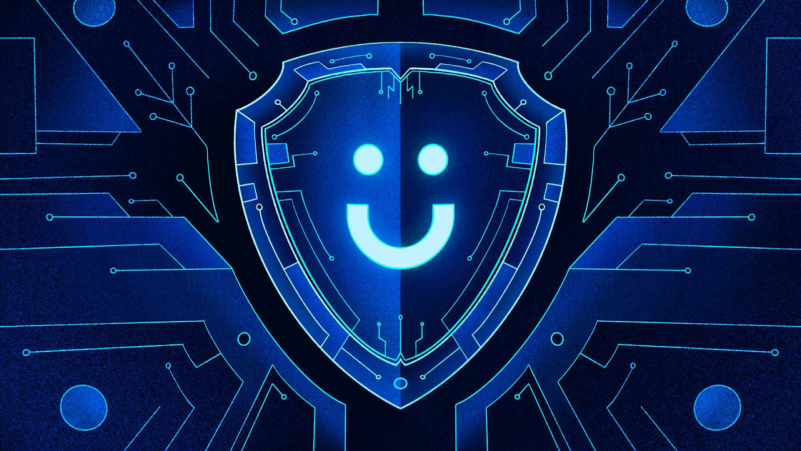 A neon-blue shield with a happy face in the middle sits on a dark blue background