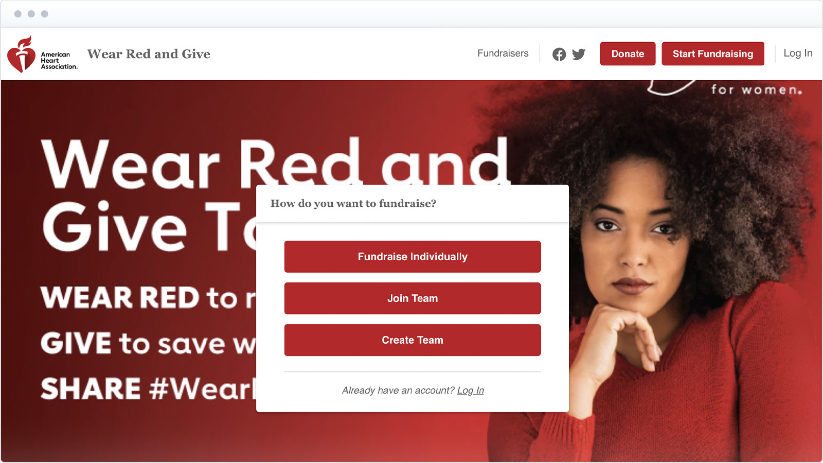 Wear Red and Give campaign page with options to give. Behind the option is an image of a light brown-skinned woman with a natural hairdo