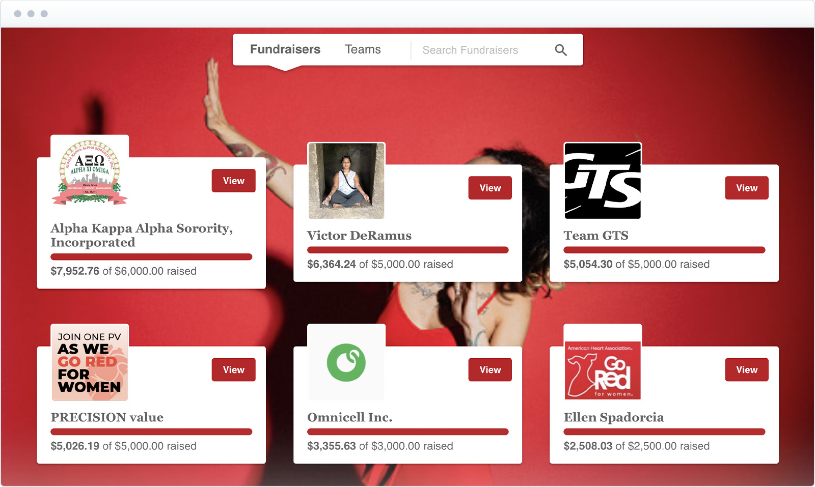 American Heart Association's fundraisers page with a red background and a dancer dancing behind the images of the fundraisers