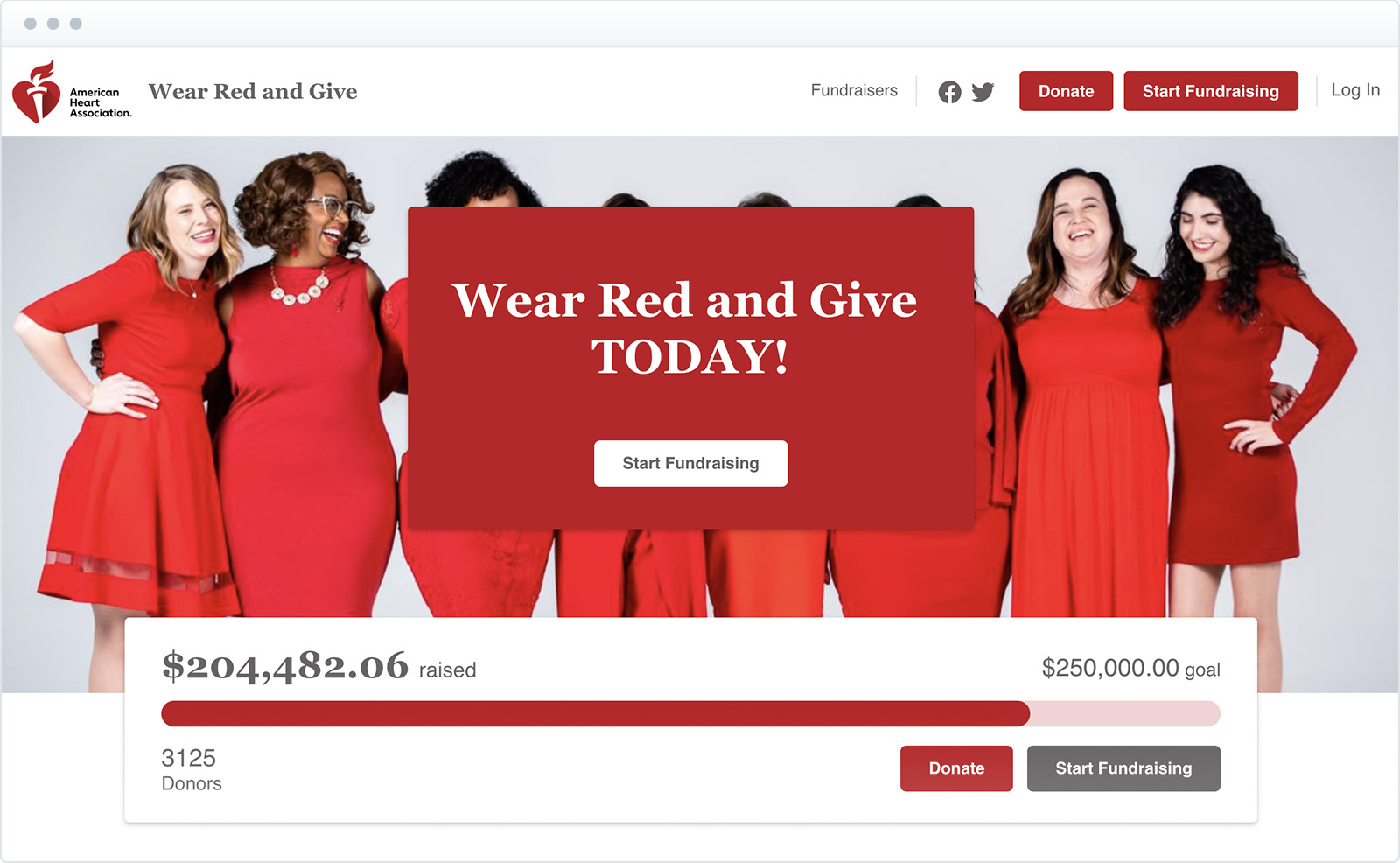 A line of women wearing red (all the same height!) stand laughing behind the slogan "wear Red and Give TODAY!"