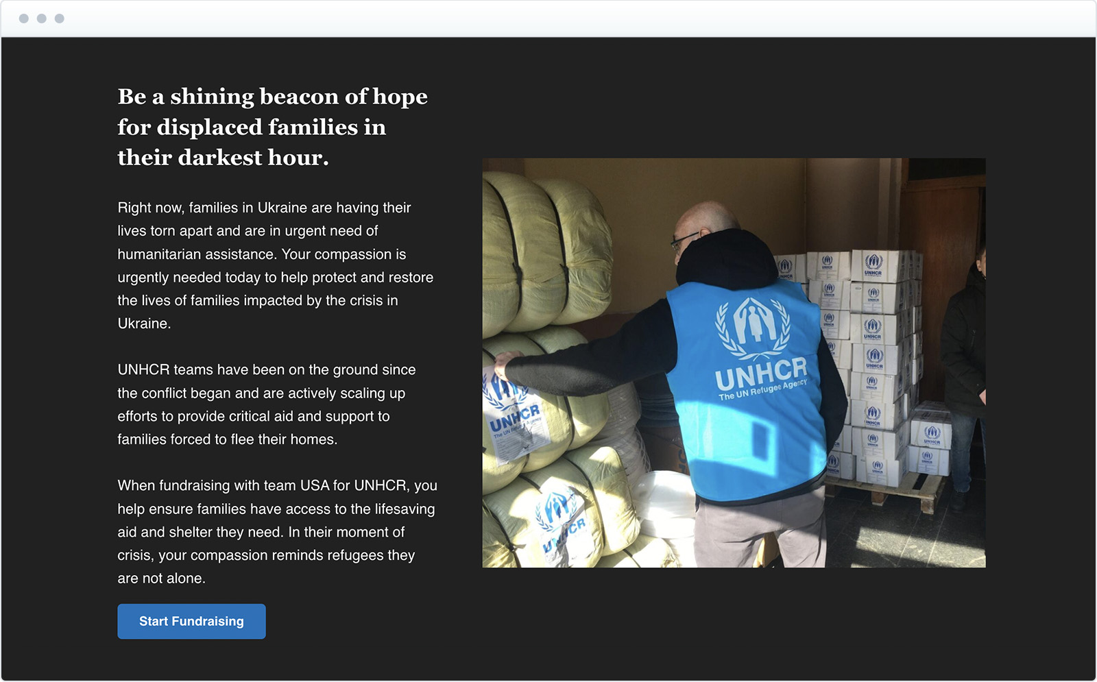 UNHCR's site has a black background with white text on the left and a picture of a man with a blue vest and black hoodie on the right side. He's facing away from the camera.