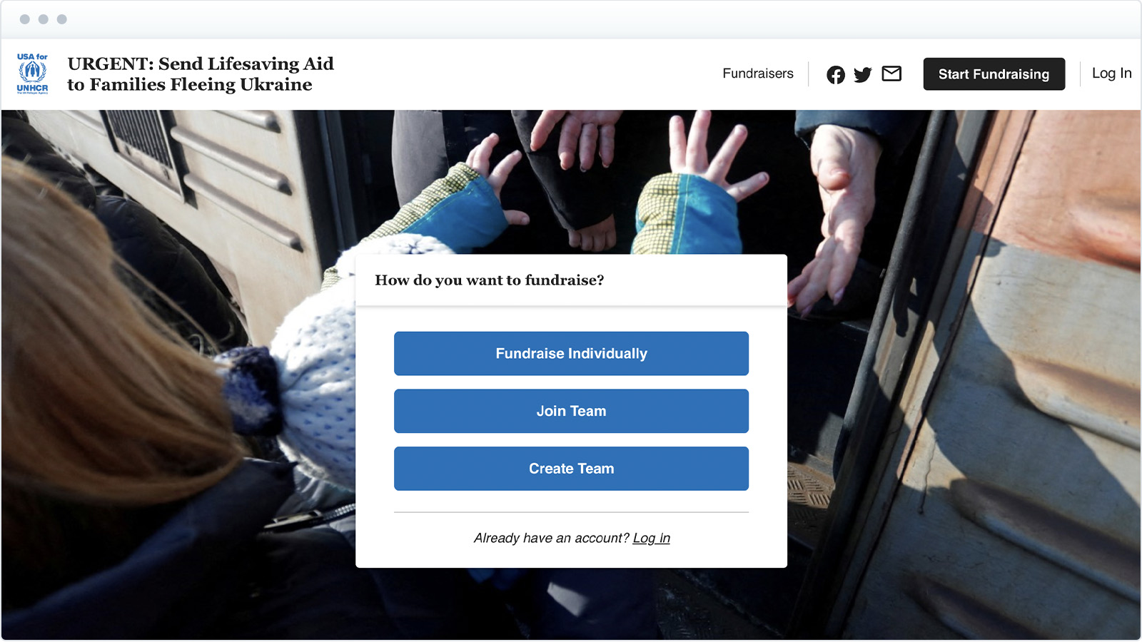 UNHCR's fundraising page has ways to give in front of a baby reaching for an adult