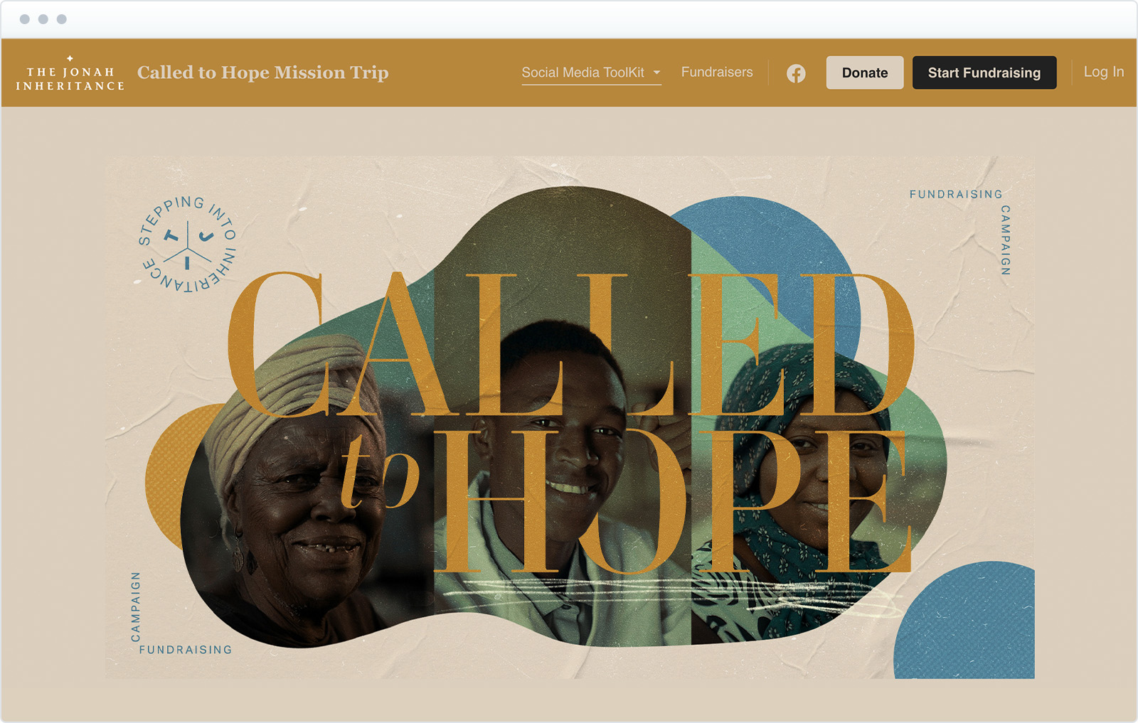The Jonah Inheritance Called to Hope fundraising page is gorgeous with human faces sitting in organic blue and natural tones in the middle of the page.