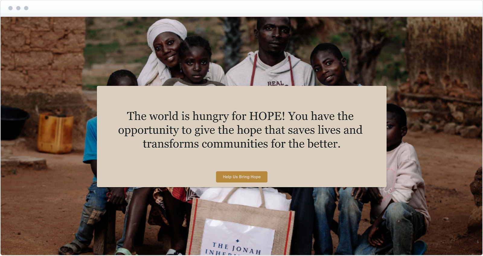 An image of a family sits behind the words: "The world is hungry for HOPE! You have the opportunity to give the hope that saves lives and transforms communities for the better."