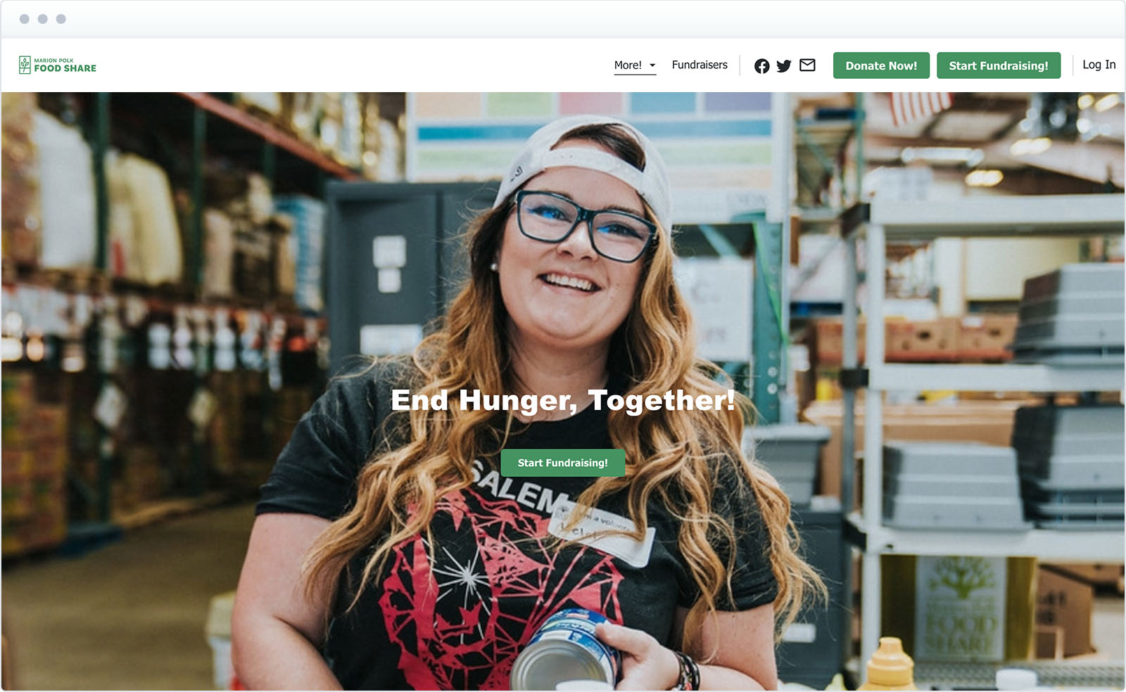 Marion Polk Foodshare's End Hunger Now fundraiser, with a smiling woman in glasses in a warehouse behind the tagline "End Hunger, Together!"