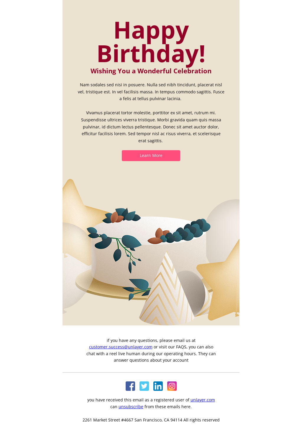 Birthday greetings email template unlayer