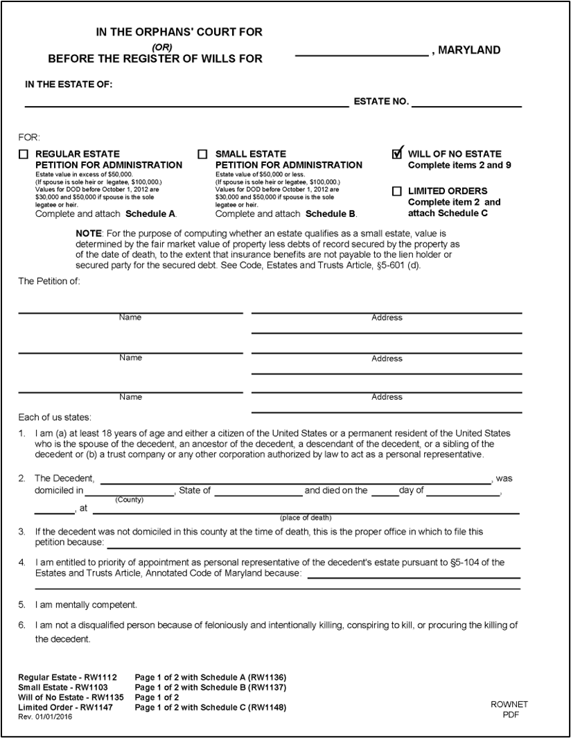 Figure 2 – Form RW1135: Petition for Administration of a Will of No Estate