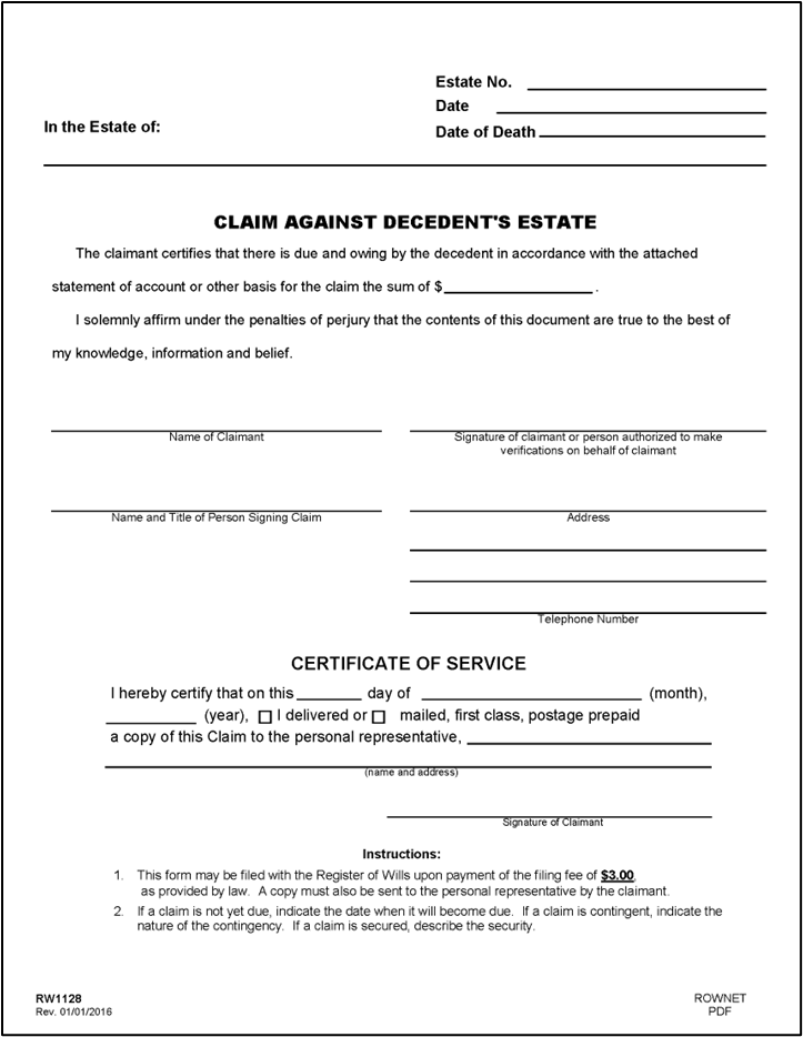 Figure 39 - Form RW1128: Claim Against Decedent's Estate