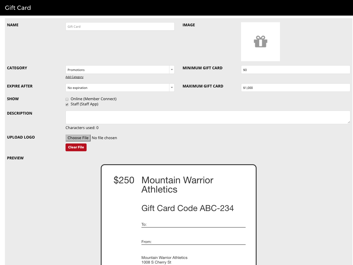 Screenshot of gift card setup in Zen Planner software