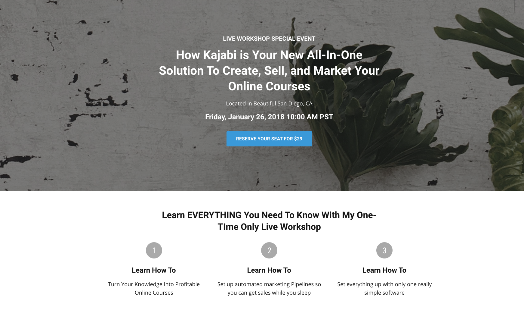 Kajabi workshop landing page with CTA
