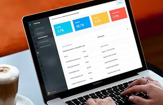 Hands typing at laptop displaying marketing success metrics