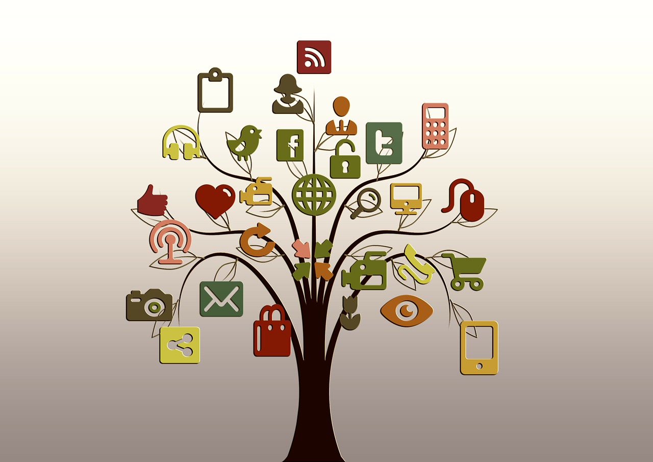 Cartoon graphic of tree with branches ending in popular social media icons