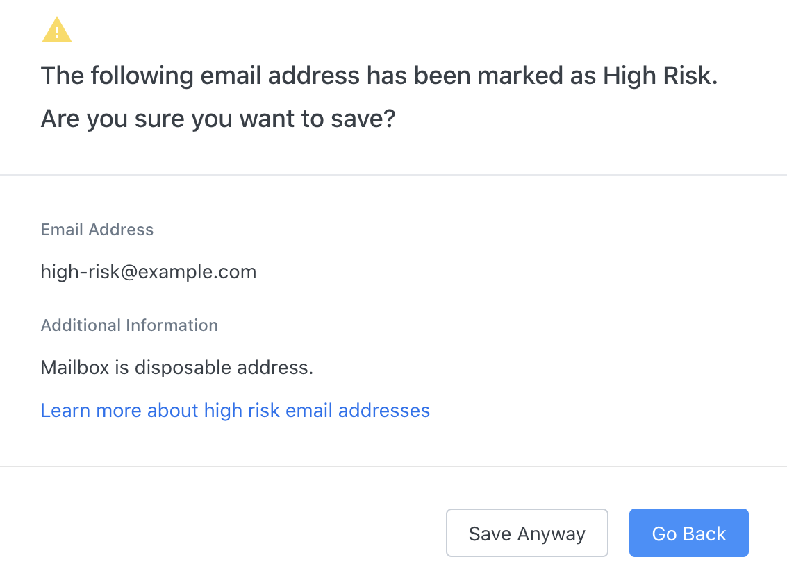 Alert message from Kajabi email address validation tool warning about a high-risk subscriber