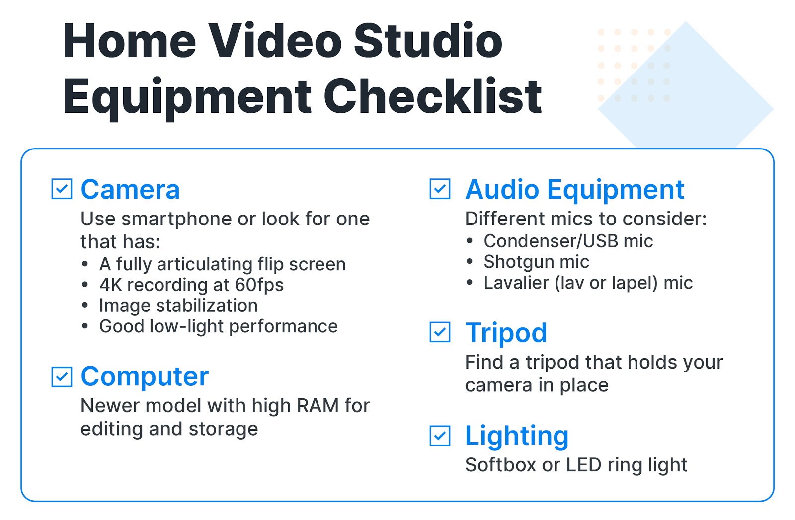 Checklist of items needed for a home video studio