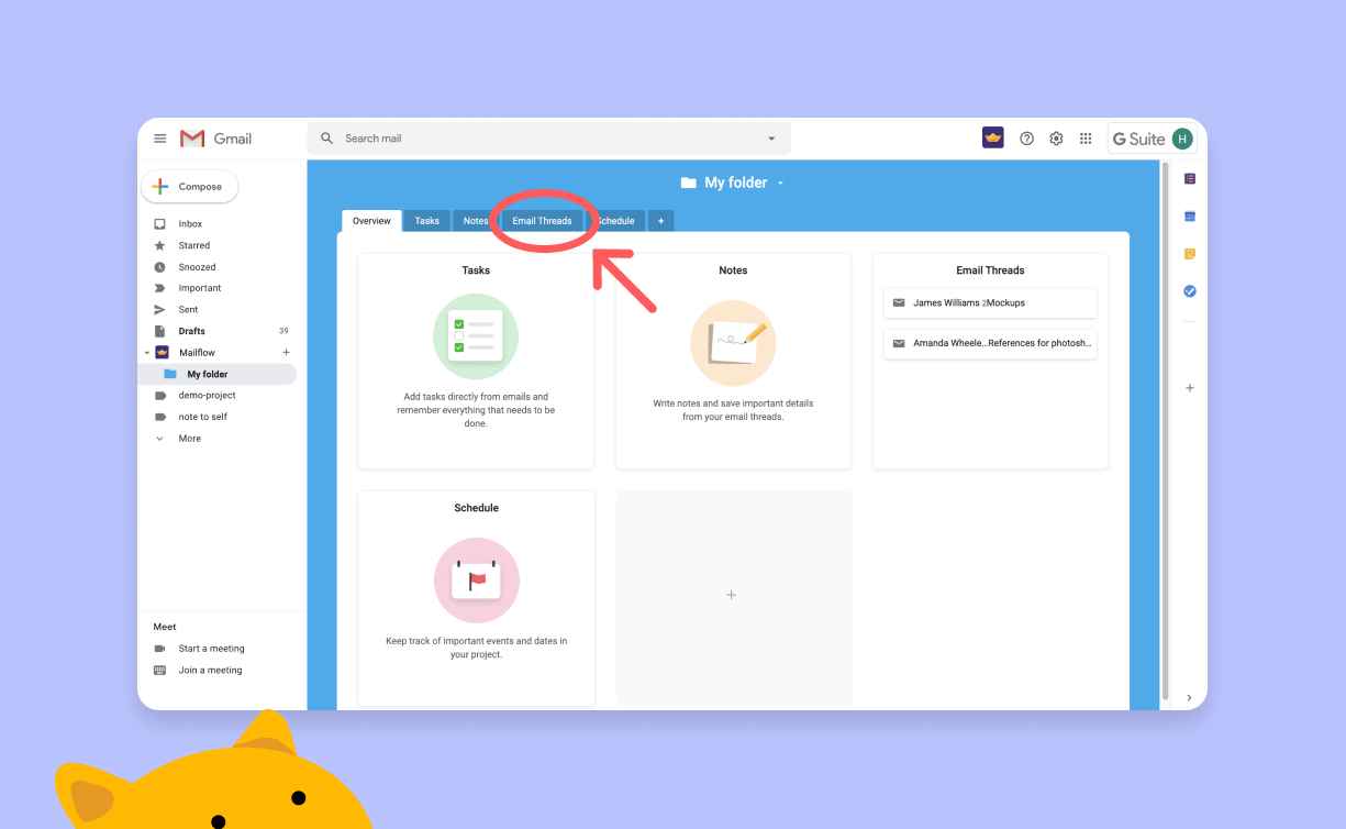 Click the tab named "Email Threads" to see the emails in this folder
