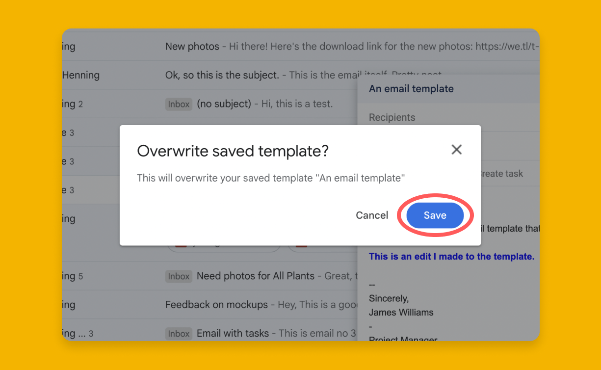 Click "Save" to overwrite the existing email template
