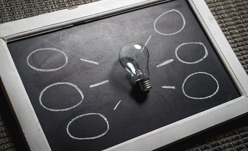 A light bulb on a black board pointing out different ideas