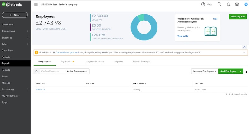 Quickbooks dashboard