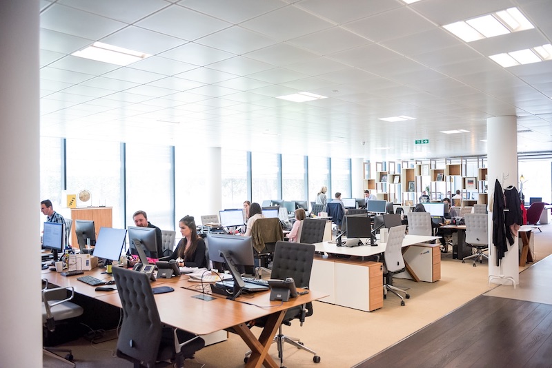 A large office of employees working at their desktops