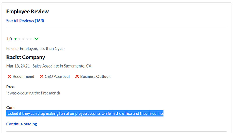 Bad review of company diversity and inclusion on Glassdoor