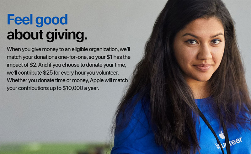 Apple’s company policy regarding donations and volunteer work
