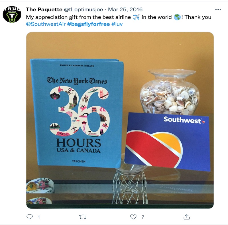 Southwest Airline's reward program gets recognized by customer